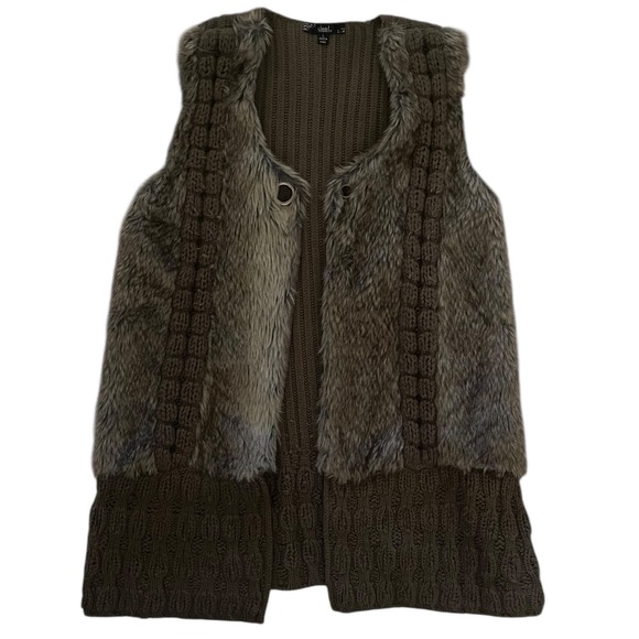 Sioni Faux Fur Wool Blend Vest Open Front Knit Trim Sleeveless Brown LG Casual - Picture 1 of 10